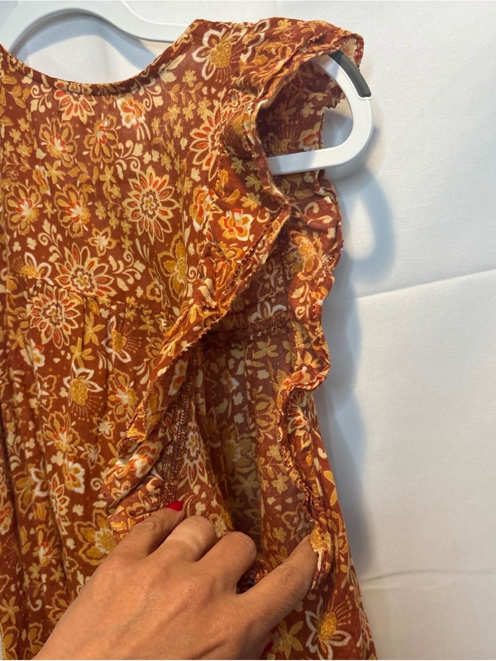 Sundry Rust and Mustard Floral Ruffle Tie-Front Sleeveless Blouse - Picture 9 of 9